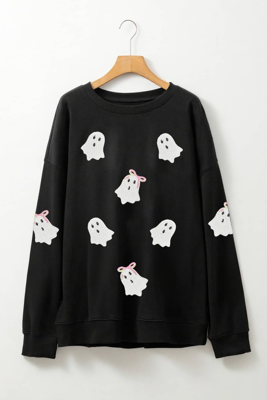 Black Sequin Cute Bow Ghost Graphic Crew Neck Halloween Sweatshirt