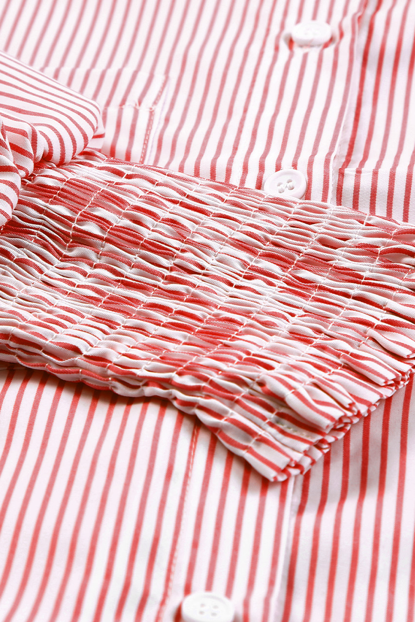 Red Stripe Smocked Cuffed Striped Boyfriend Shirt with Pocket