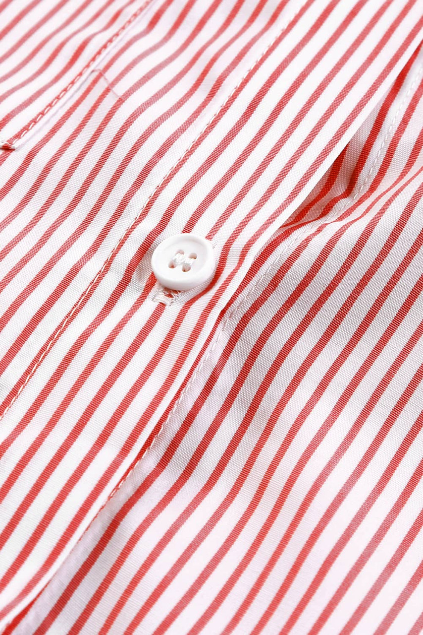 Red Stripe Smocked Cuffed Striped Boyfriend Shirt with Pocket