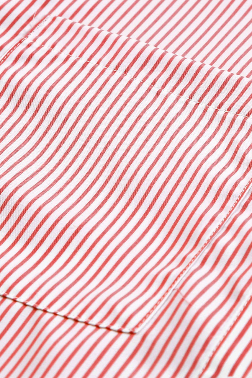 Red Stripe Smocked Cuffed Striped Boyfriend Shirt with Pocket
