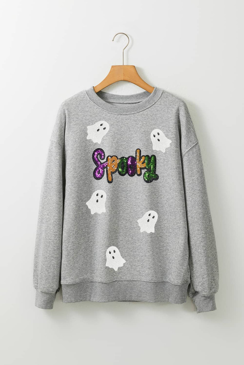 Gray Spooky Halloween Ghost Sequin Patched Sweatshirt