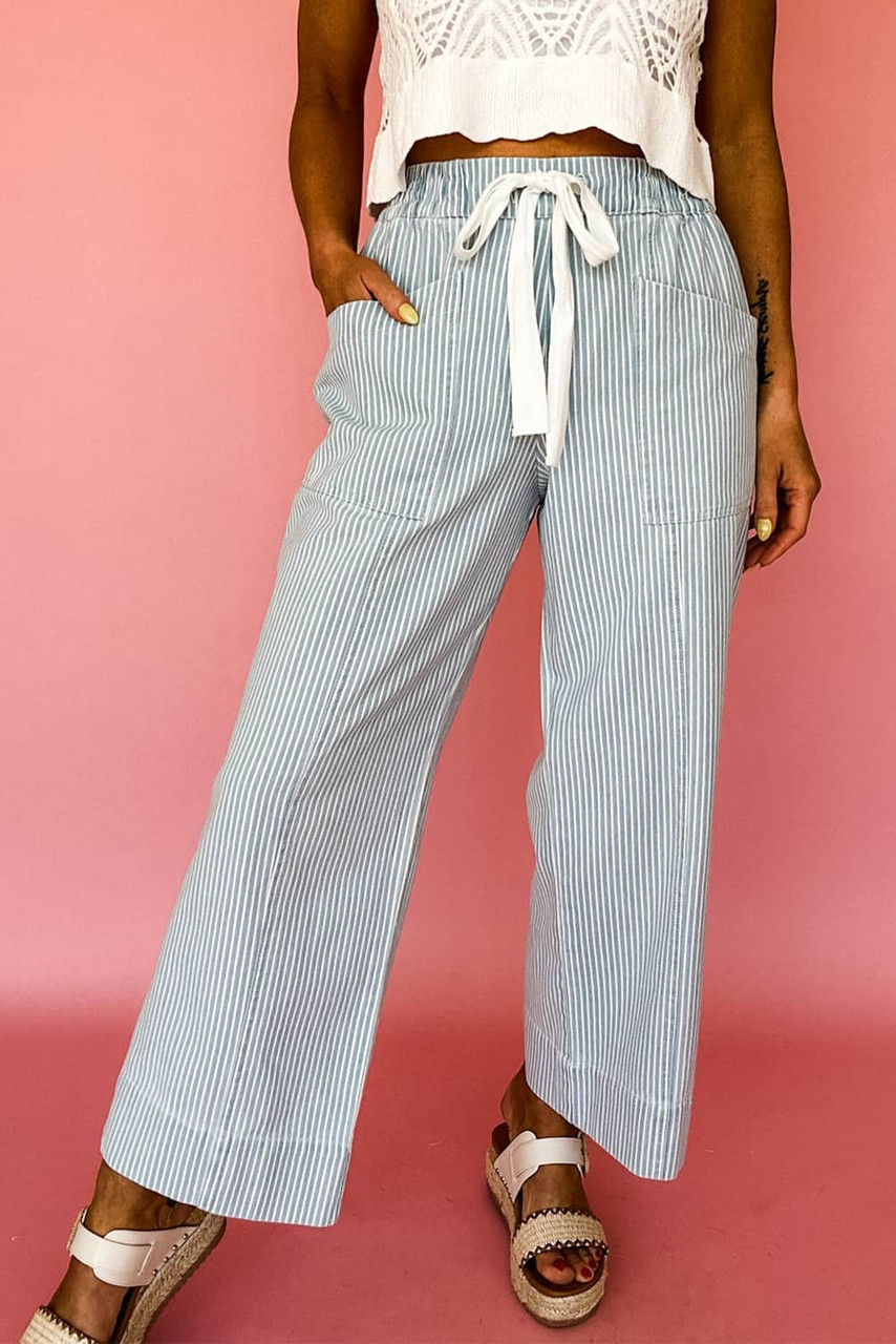Sky Blue Stripe Mid Rise Drawstring Waist Jeans Sky Blue Stripe Mid Rise Drawstring Waist Jeans