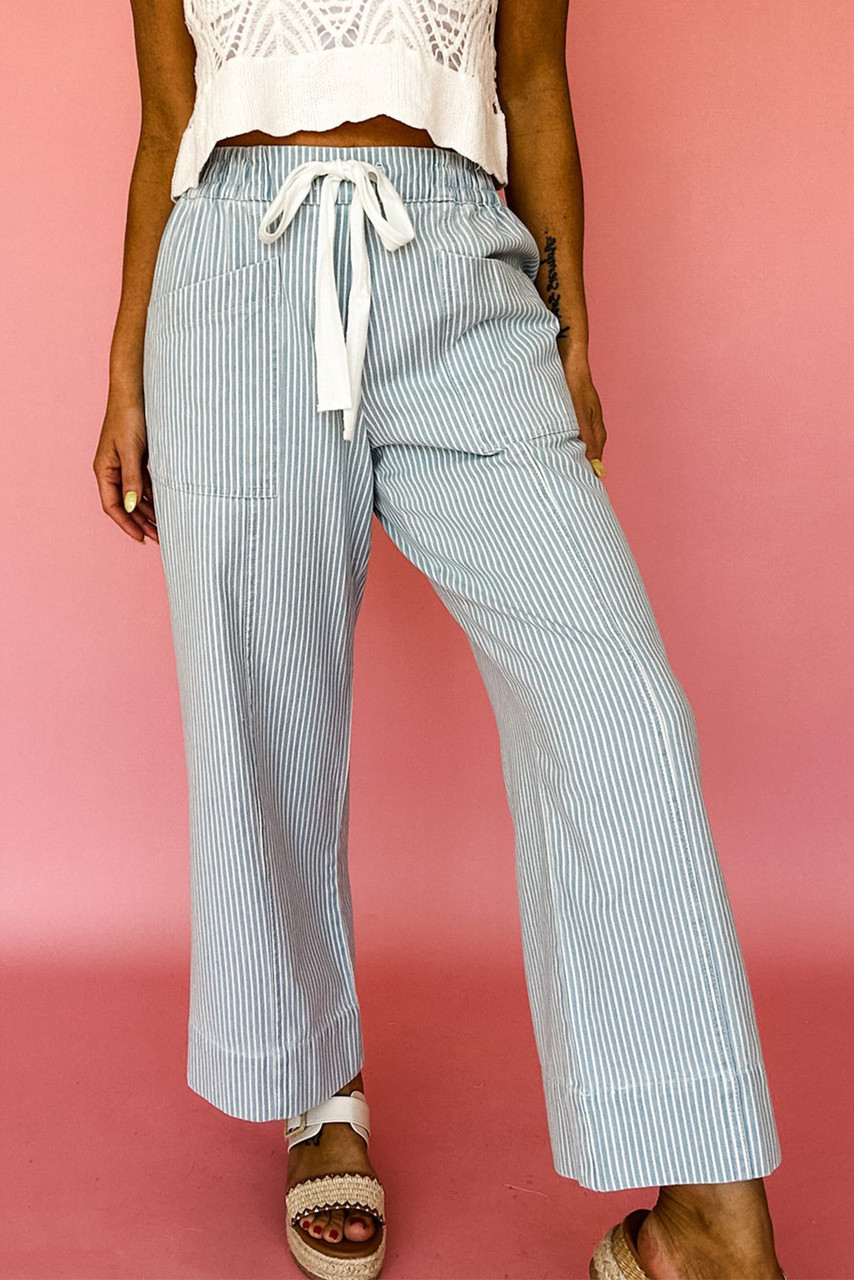 Sky Blue Stripe Mid Rise Drawstring Waist Jeans Sky Blue Stripe Mid Rise Drawstring Waist Jeans