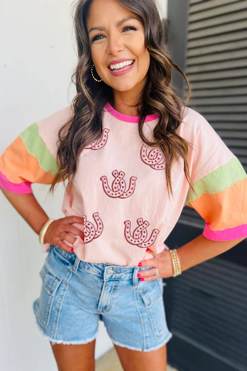Pink Sequined Horseshoes Pattern Colorblock Half Sleeve Patchwork Tee