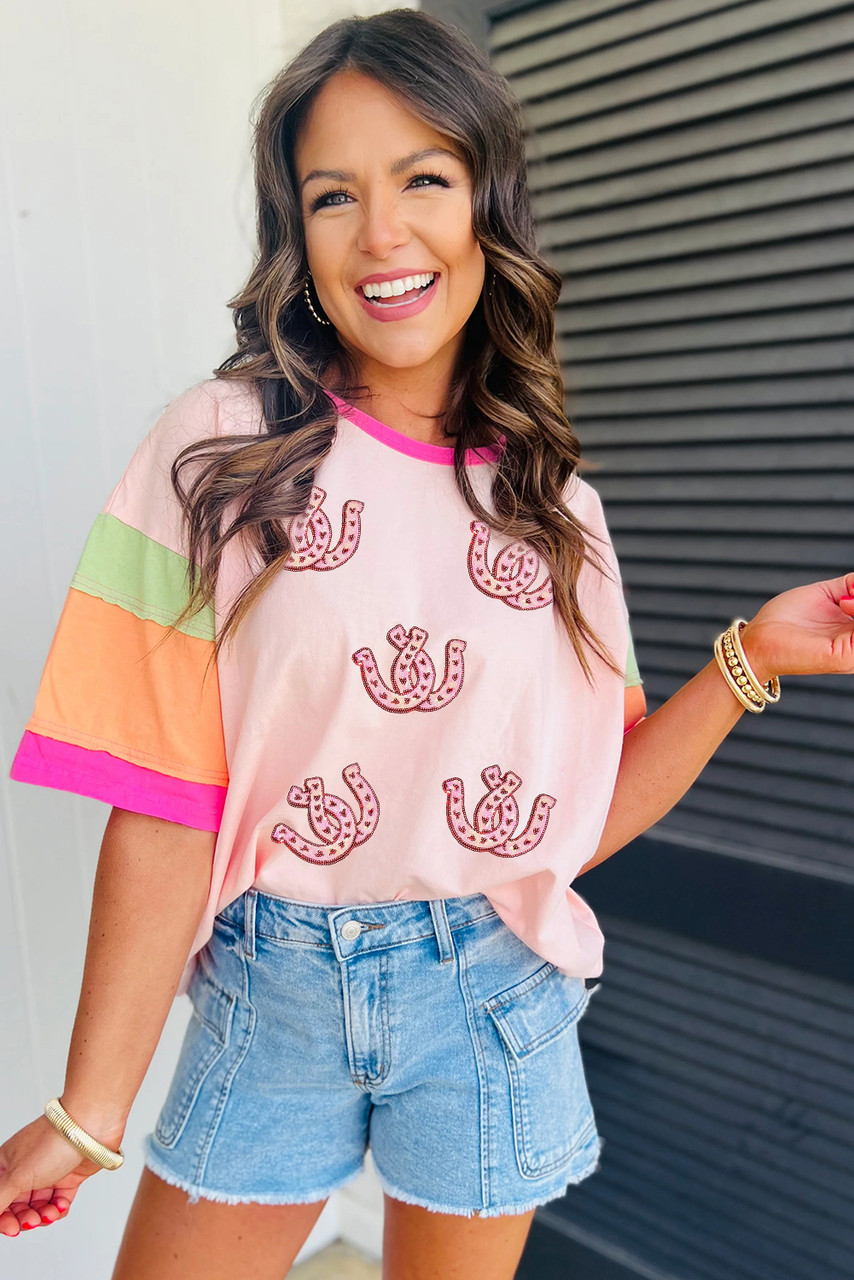 Pink Sequined Horseshoes Pattern Colorblock Half Sleeve Patchwork Tee