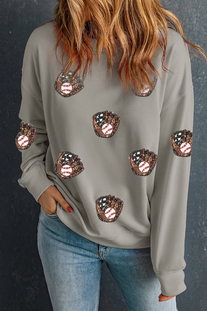 Gray Sequin Baseball Patched Casual Sweatshirt