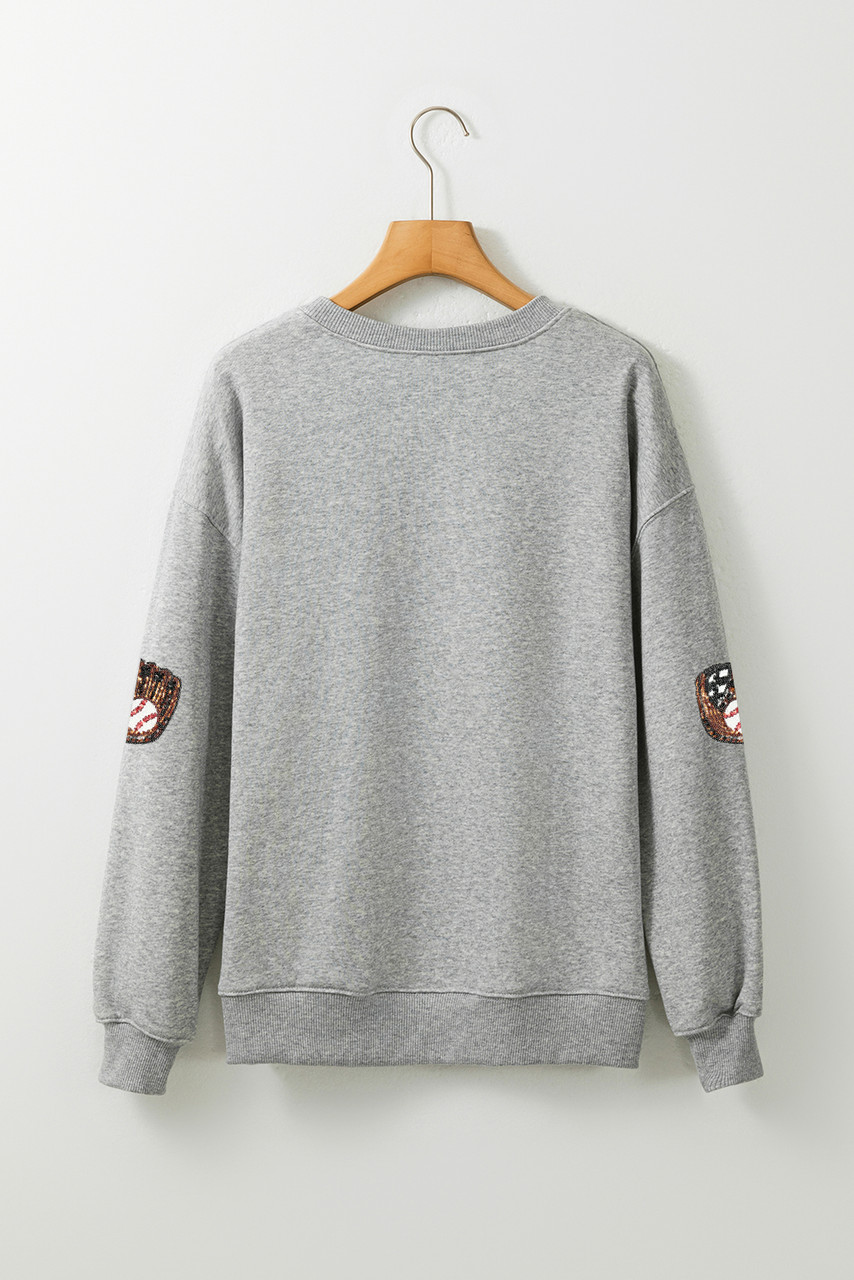 Gray Sequin Baseball Patched Casual Sweatshirt