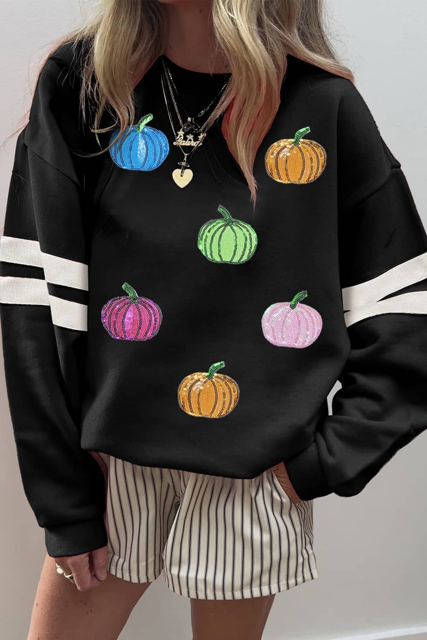 Black Multicolored Sequin Pumpkin Oversized Varsity Sweatshirt