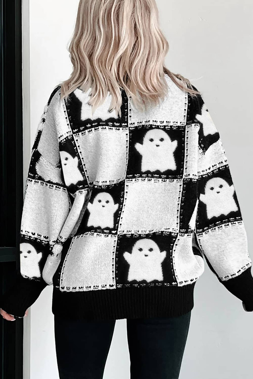 Black Halloween Ghost Checkered Drop Shoulder Sweater