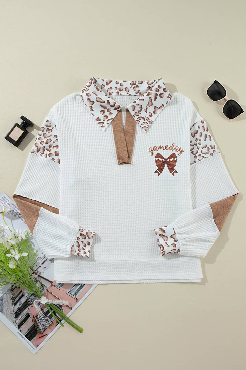 White game day Rugby Bow Embroidered Graphic Leopard Collar Color Block Patchwork Top