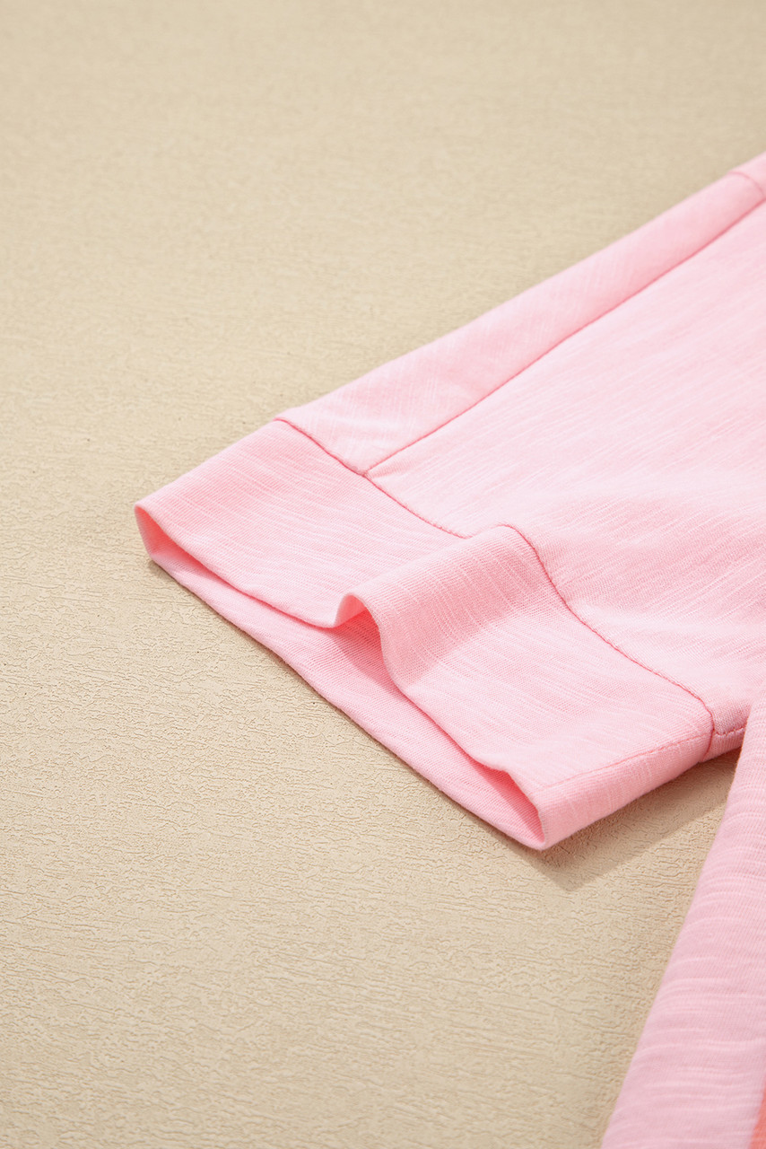 Pink Flower Patched Exposed Seam Bracelet Sleeve Oversized T Shirt