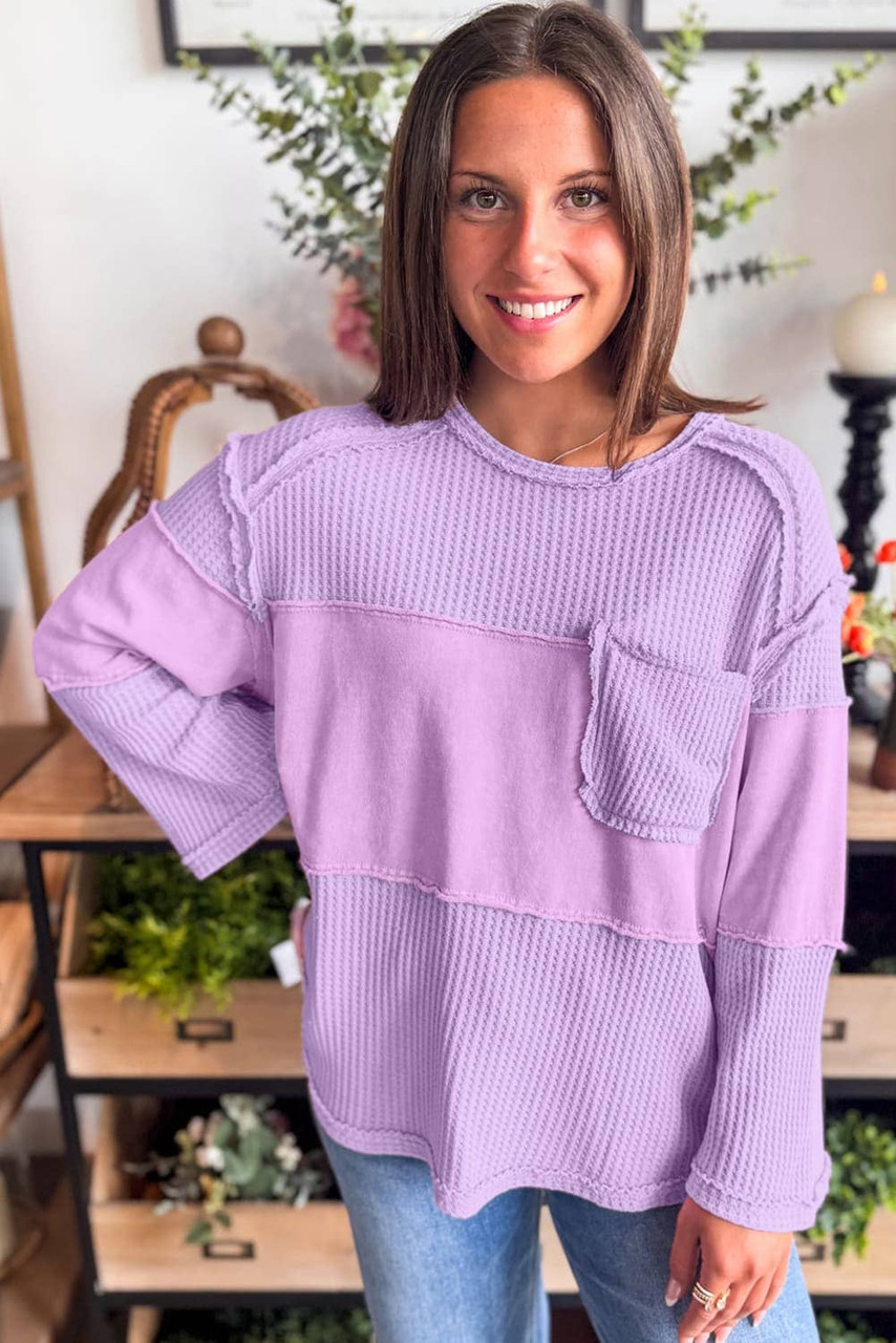 Phalaenopsis Thermal Knit Contrast Textured Patchwork Long Sleeve Top