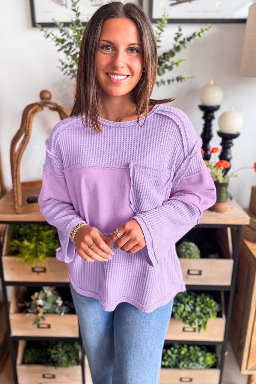 Phalaenopsis Thermal Knit Contrast Textured Patchwork Long Sleeve Top