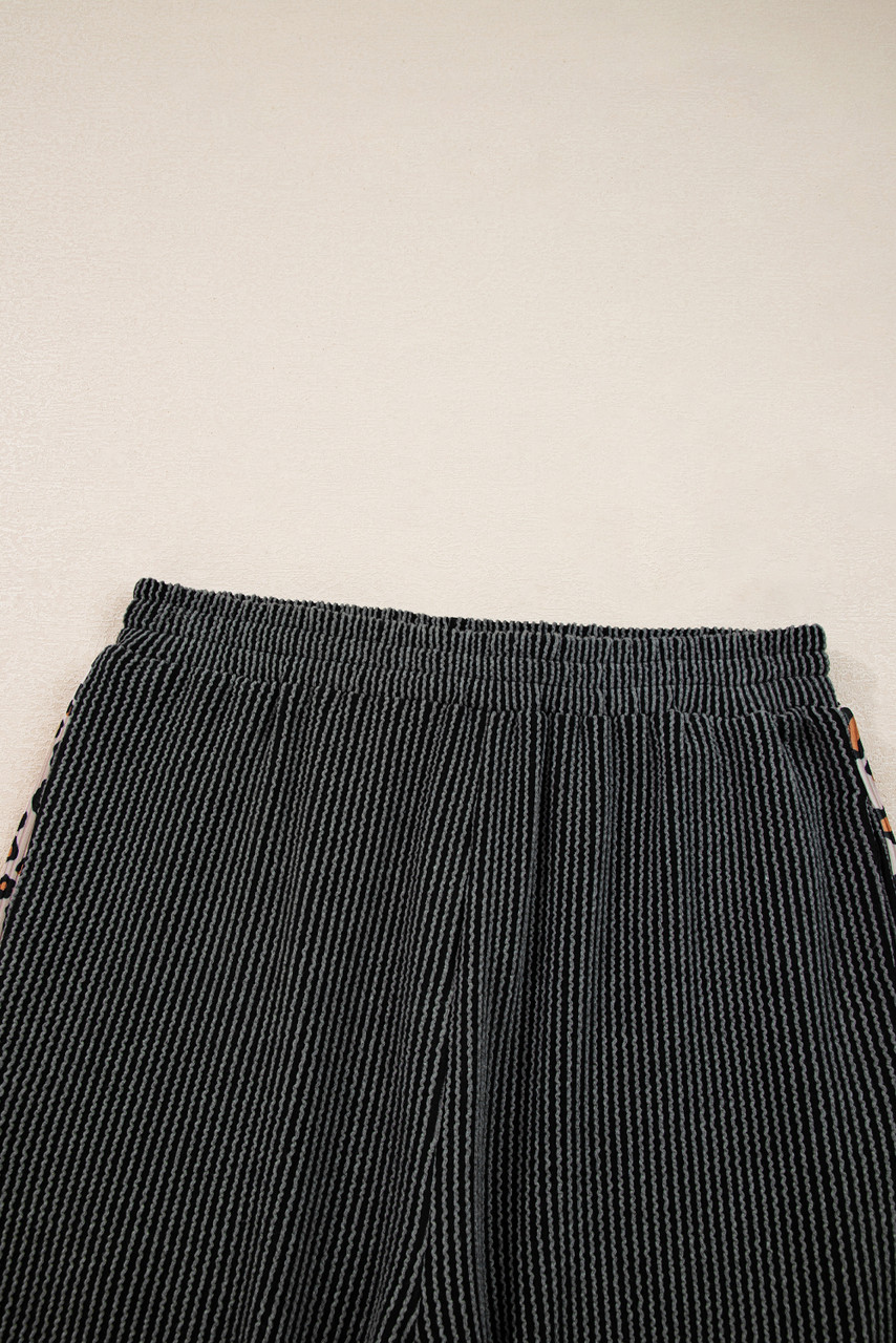 Carbon Grey Twisted Rib Texture Leopard Patchwork Detail 2pcs Pant Set Carbon Grey Twisted Rib Texture Leopard Patchwork Detail 2pcs Pant Set