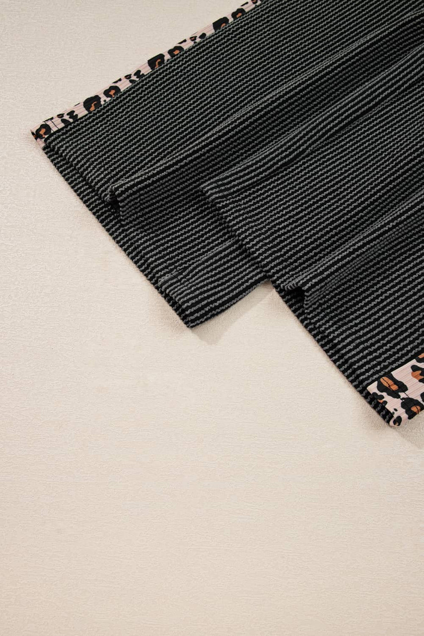 Carbon Grey Twisted Rib Texture Leopard Patchwork Detail 2pcs Pant Set Carbon Grey Twisted Rib Texture Leopard Patchwork Detail 2pcs Pant Set