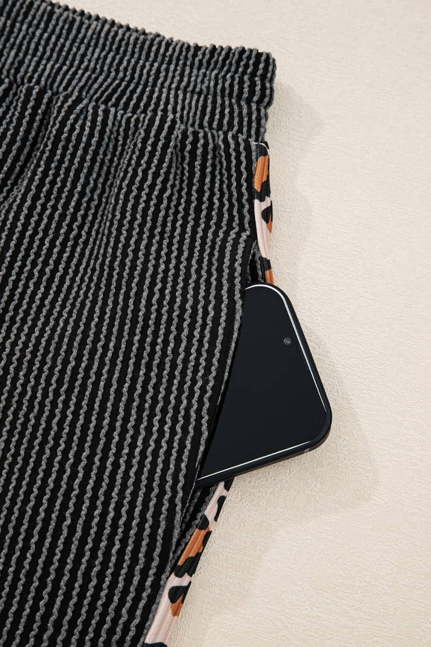 Carbon Grey Twisted Rib Texture Leopard Patchwork Detail 2pcs Pant Set Carbon Grey Twisted Rib Texture Leopard Patchwork Detail 2pcs Pant Set