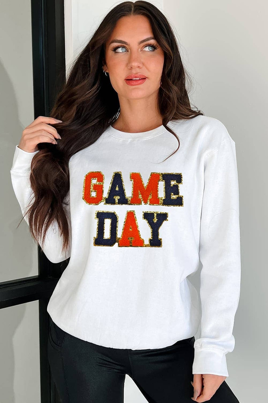 White GAME DAY Chenille Letter Graphic Sweatshirt
