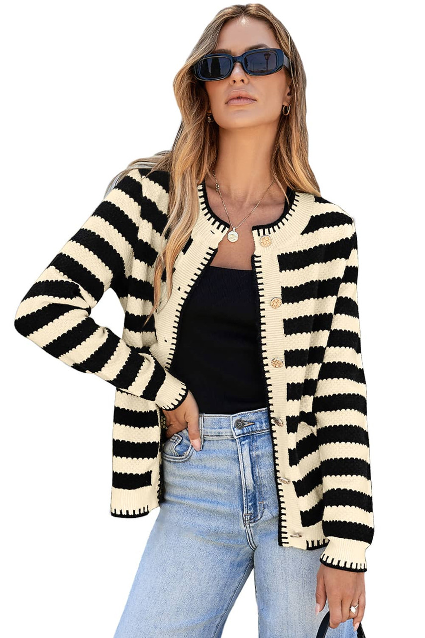 Apricot Stripe Chic Golden Button Cardigan Sweater