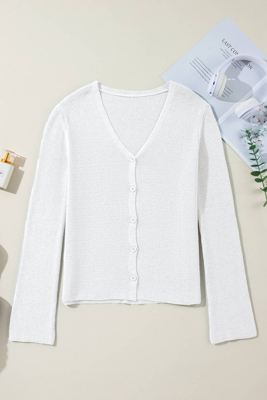 White Lightweight Ribbed Knit Button Front V Neck Cardigan