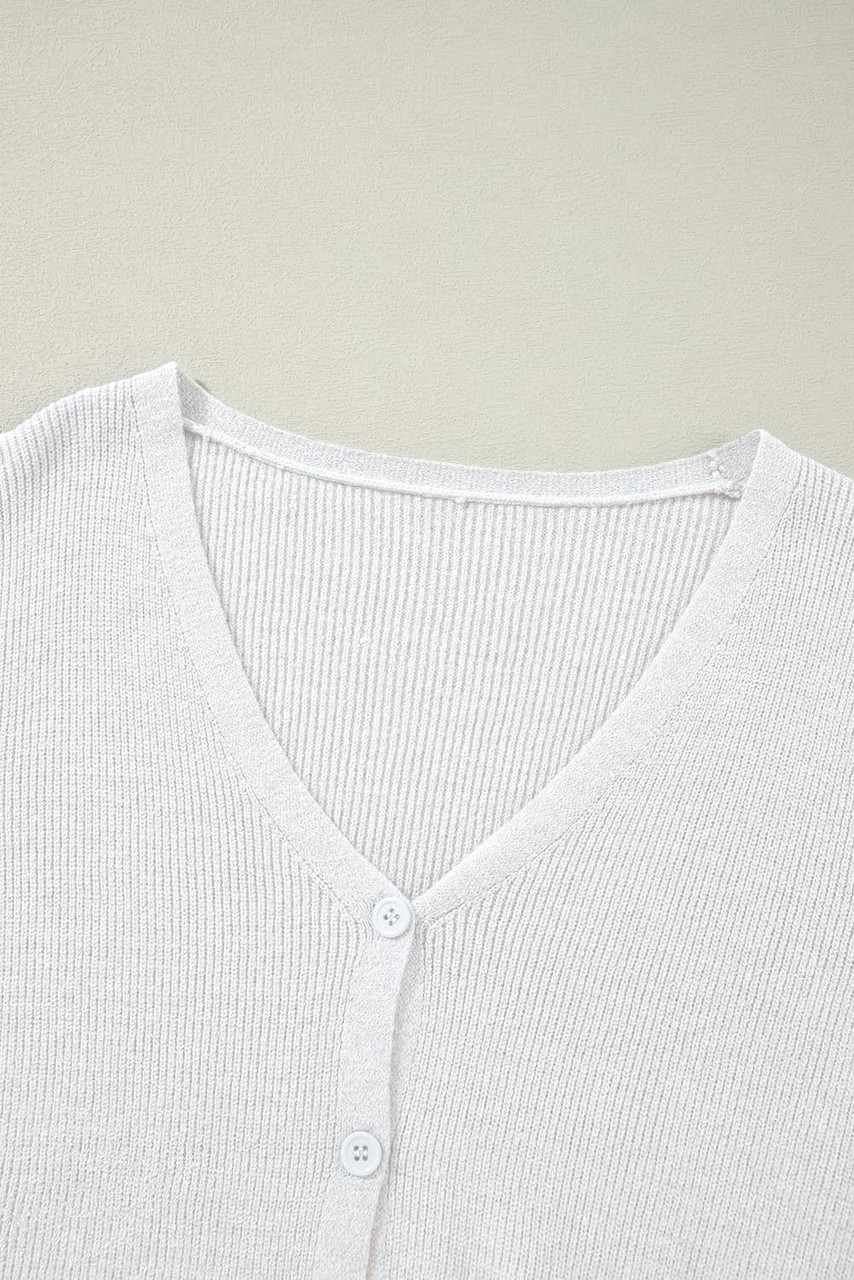 White Lightweight Ribbed Knit Button Front V Neck Cardigan
