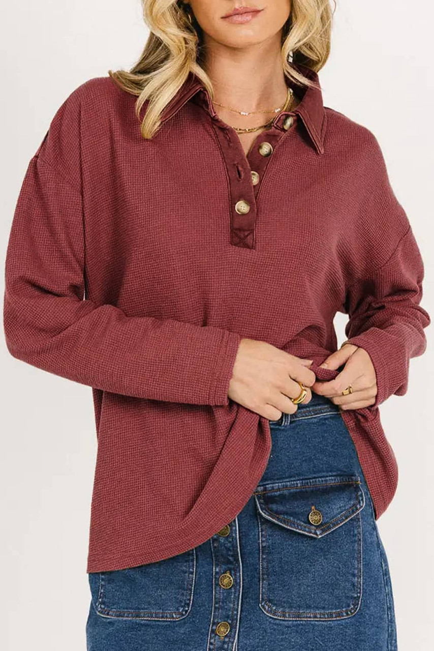 Red Dahlia Solid Color Long Sleeve Thermal Knit Polo Collar Patchwork Top