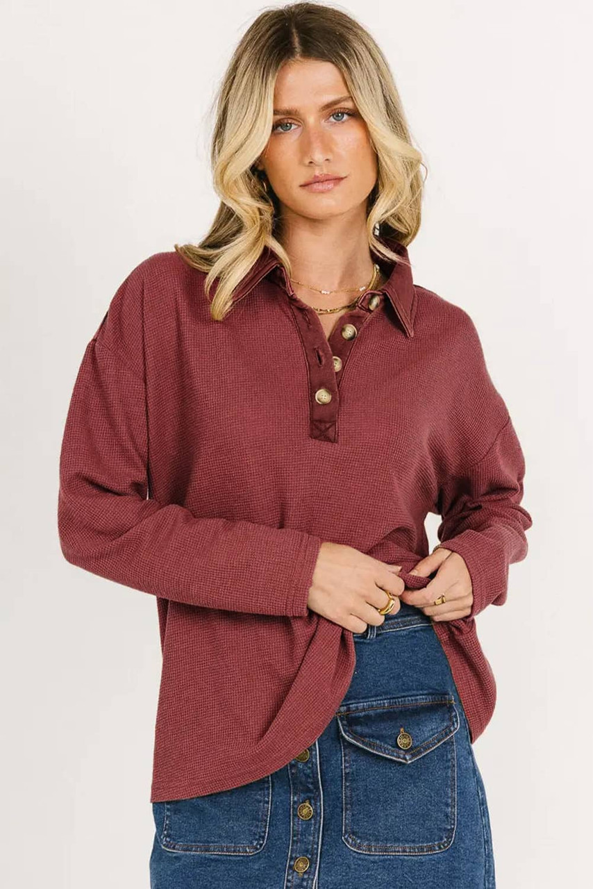 Red Dahlia Solid Color Long Sleeve Thermal Knit Polo Collar Patchwork Top