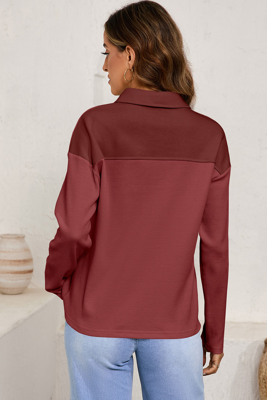 Red Dahlia Solid Color Long Sleeve Thermal Knit Polo Collar Patchwork Top