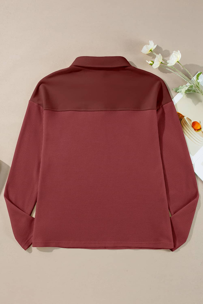 Red Dahlia Solid Color Long Sleeve Thermal Knit Polo Collar Patchwork Top