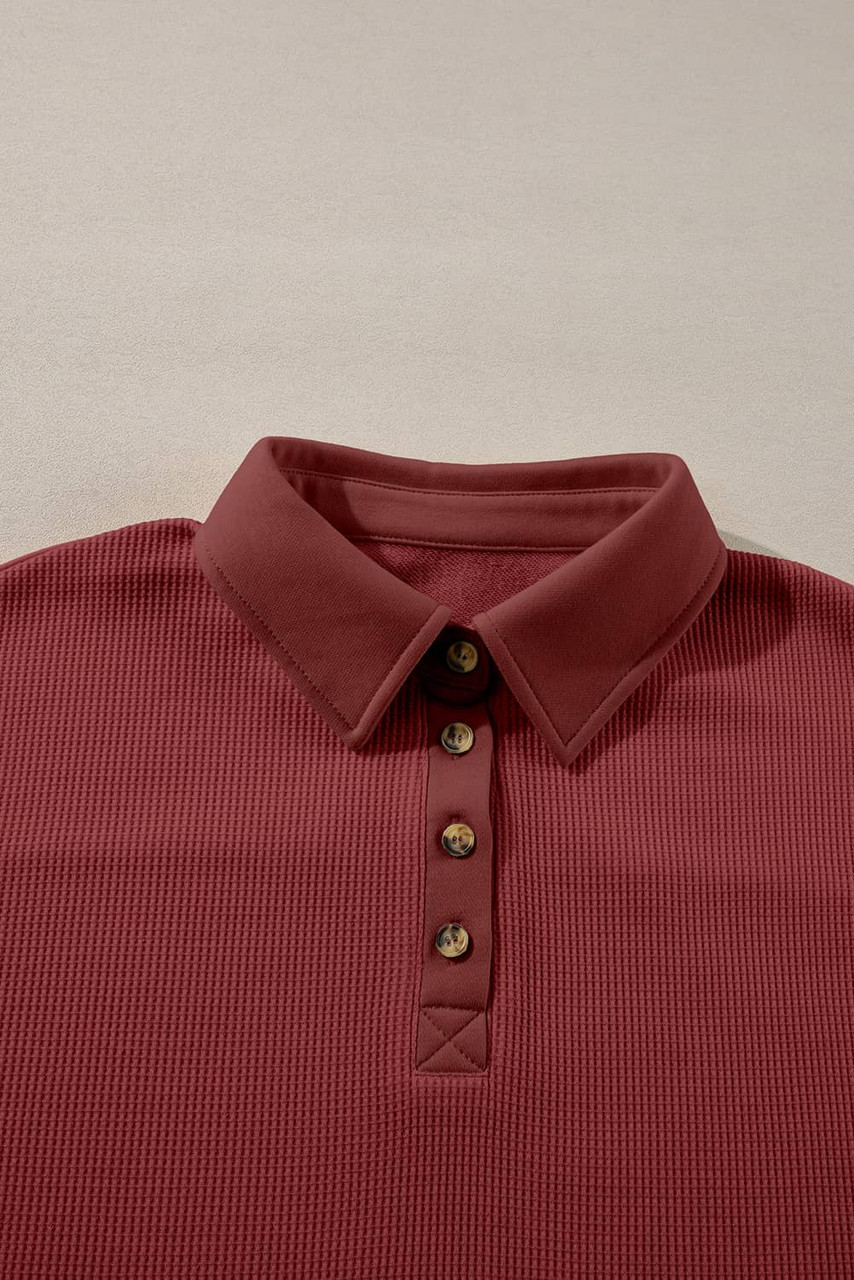 Red Dahlia Solid Color Long Sleeve Thermal Knit Polo Collar Patchwork Top