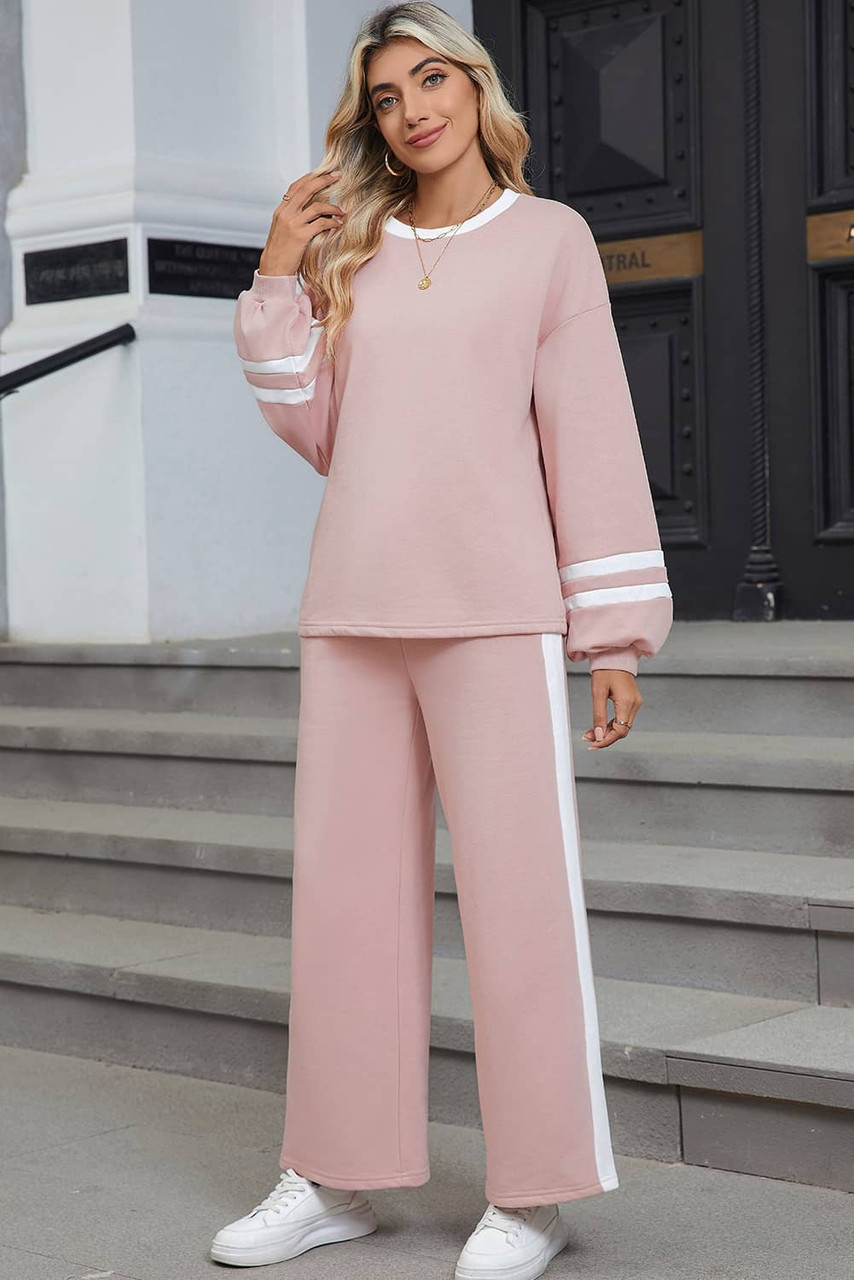 Pink Varsity Stripe Patchwork Puff Sleeve Pullover Drawstring Wide Leg Pant Set Pink Varsity Stripe Patchwork Puff Sleeve Pullover Drawstring Wide Leg Pant Set