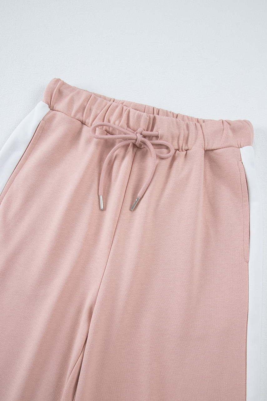Pink Varsity Stripe Patchwork Puff Sleeve Pullover Drawstring Wide Leg Pant Set Pink Varsity Stripe Patchwork Puff Sleeve Pullover Drawstring Wide Leg Pant Set