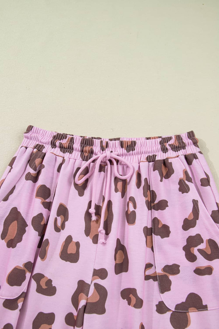 Pink Drawstring Leopard Print Patch Pocket Loose Pants Pink Drawstring Leopard Print Patch Pocket Loose Pants