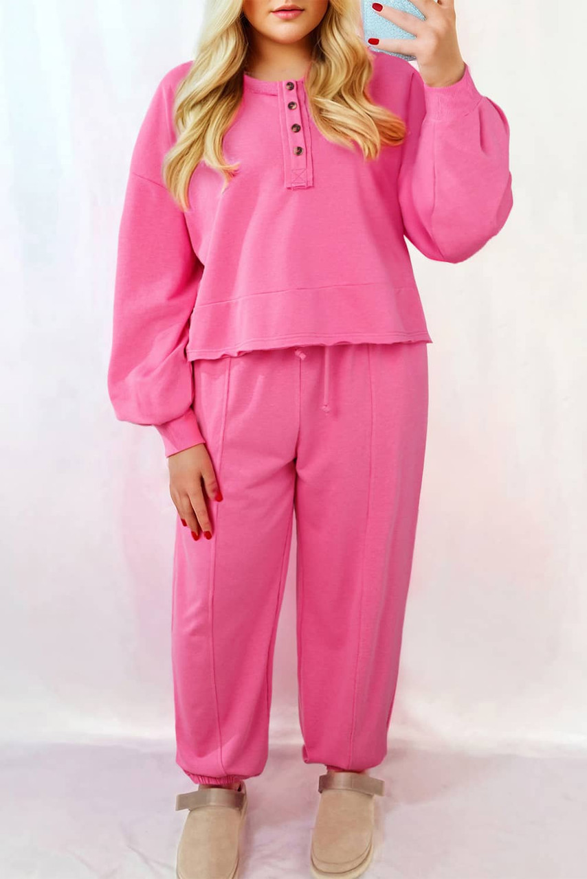 Bright Pink Plus Size Henley Drop Shoulder Pullover and Jogger Pants Two Piece Set