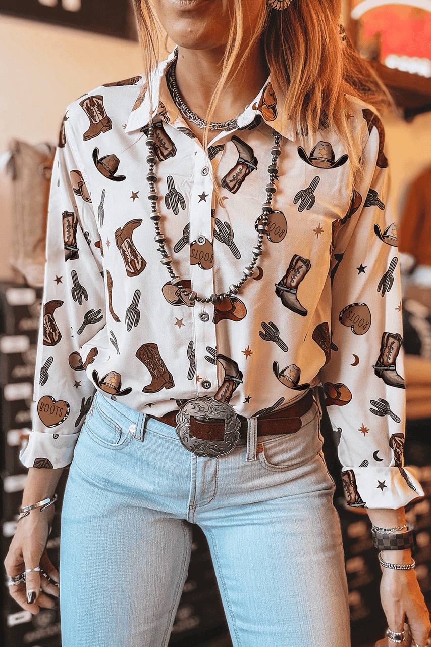 White Western Fashion Print Button Up Casual Shirt