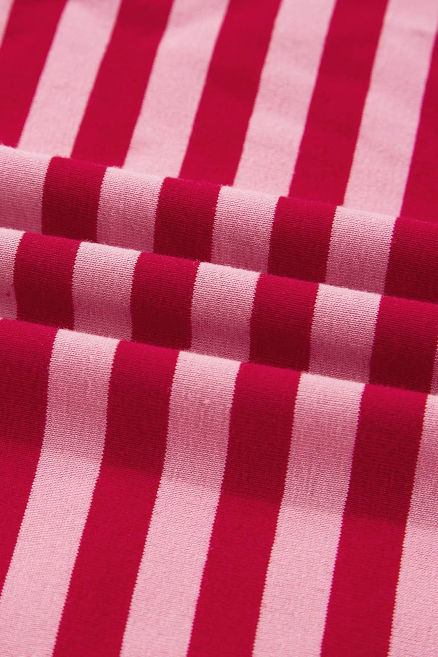 Strawberry Pink Mix Striped Drop Shoulder Patchwork Sleeve V Neck Pullover
