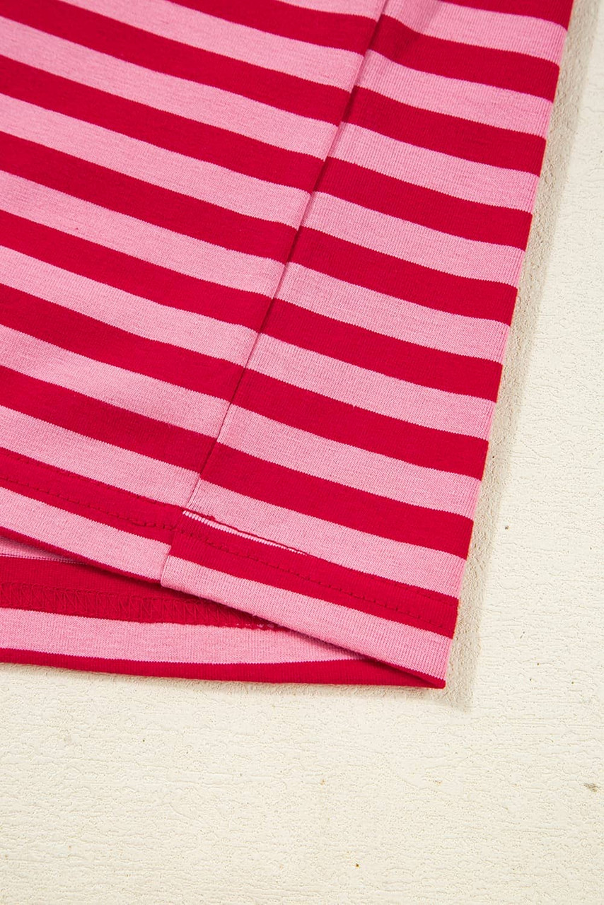 Strawberry Pink Mix Striped Drop Shoulder Patchwork Sleeve V Neck Pullover