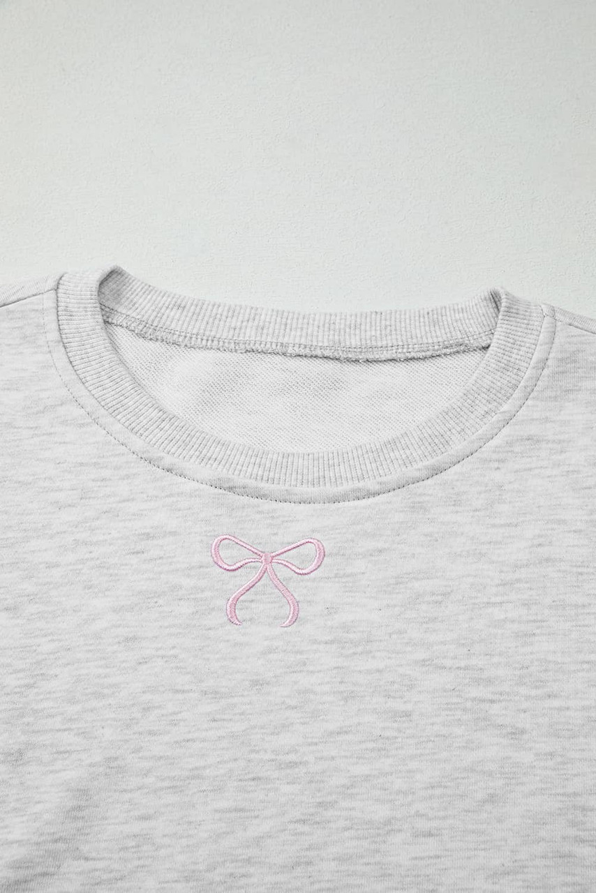 Light Grey Girly Bow Embroidered Detail Puff Sleeve Pullover 2pcs Short Set