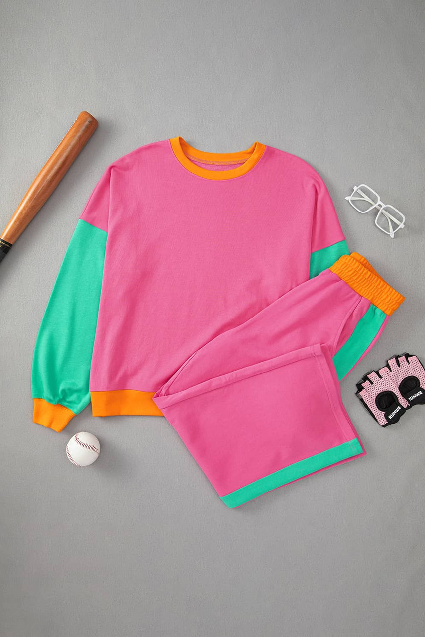 Rose Red 2pcs Color Block Pullover Loose Pant Set