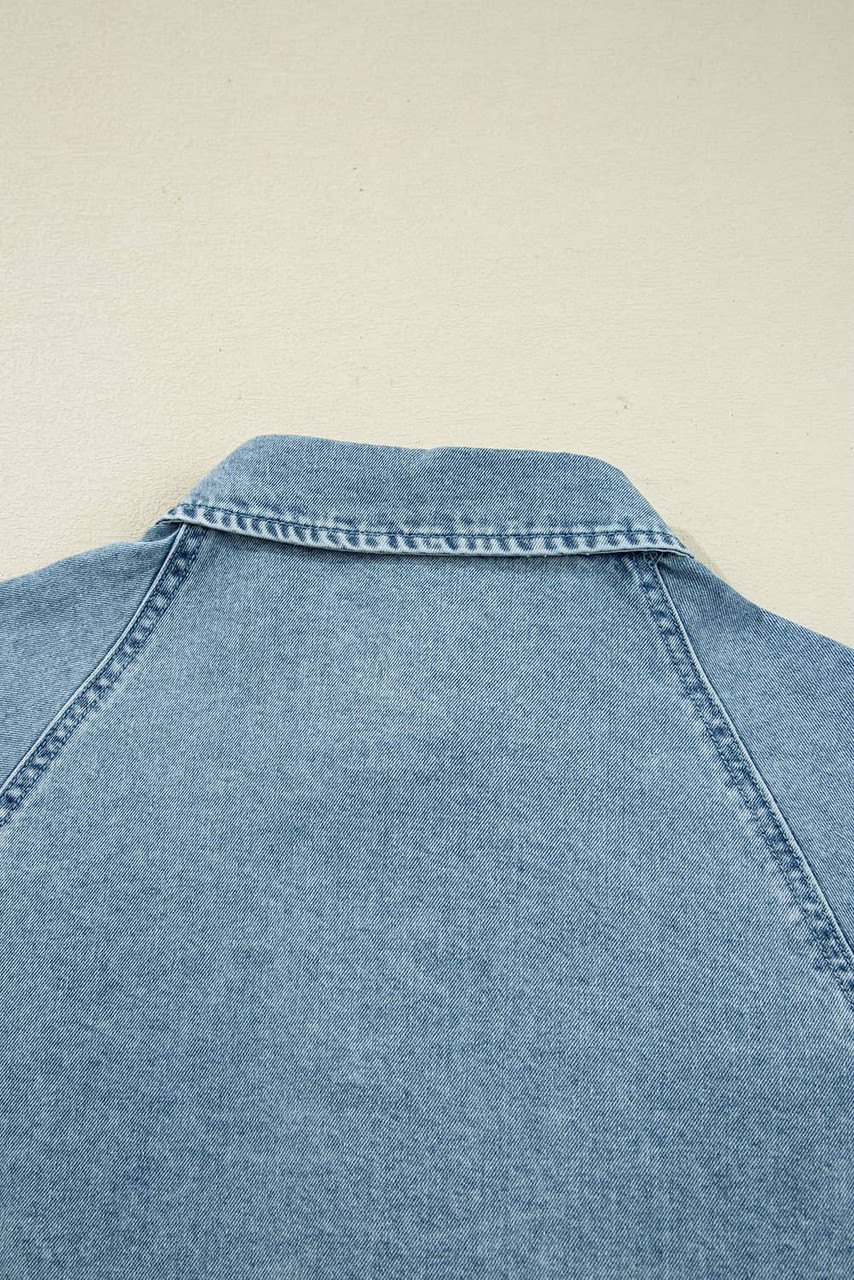 Beau Blue Smocked Cuffs Flared Denim Shirt Mini Dress