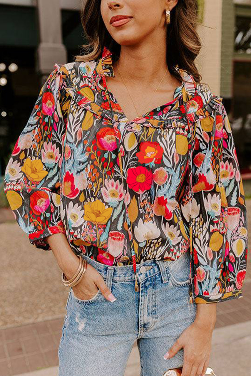 Black Floral 3/4 Puff Sleeve Tied Neck Blouse