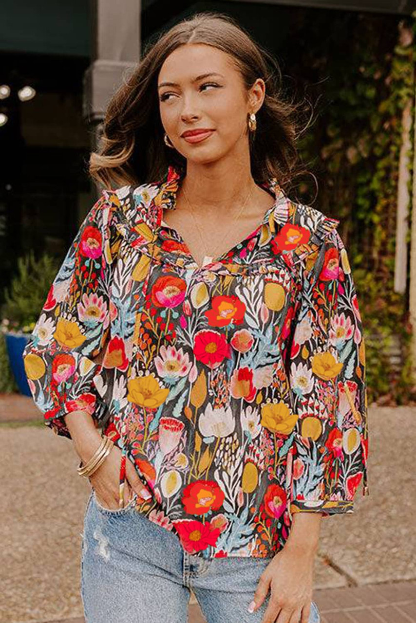 Black Floral 3/4 Puff Sleeve Tied Neck Blouse