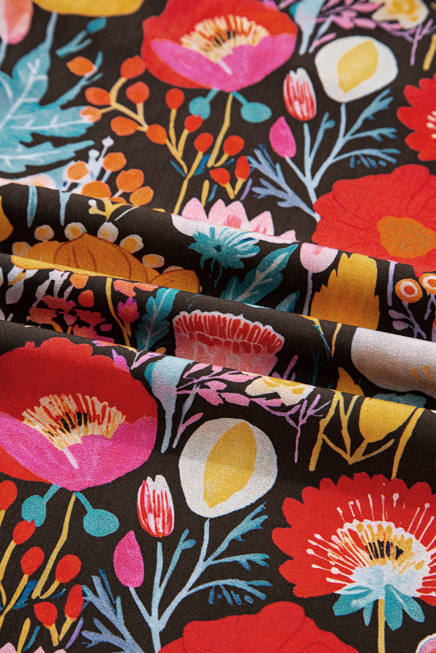 Black Floral 3/4 Puff Sleeve Tied Neck Blouse