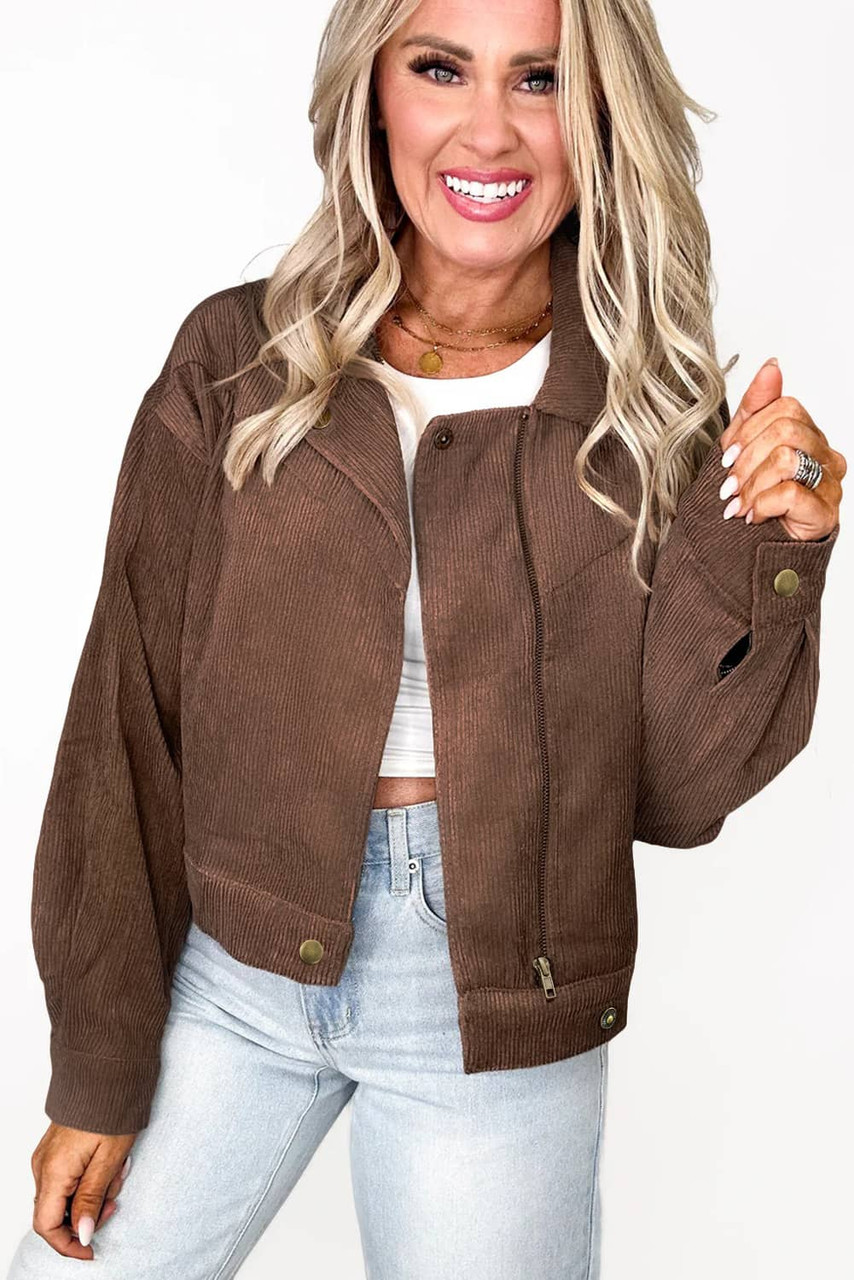 Dark Khaki Button Zip Up Lapel Collar Corduroy Jacket