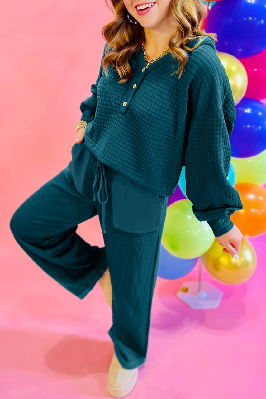 Skobeloff Waffled Textured Raw Edge Patchwork 2pcs Loose Pant Set Skobeloff Waffled Textured Raw Edge Patchwork 2pcs Loose Pant Set