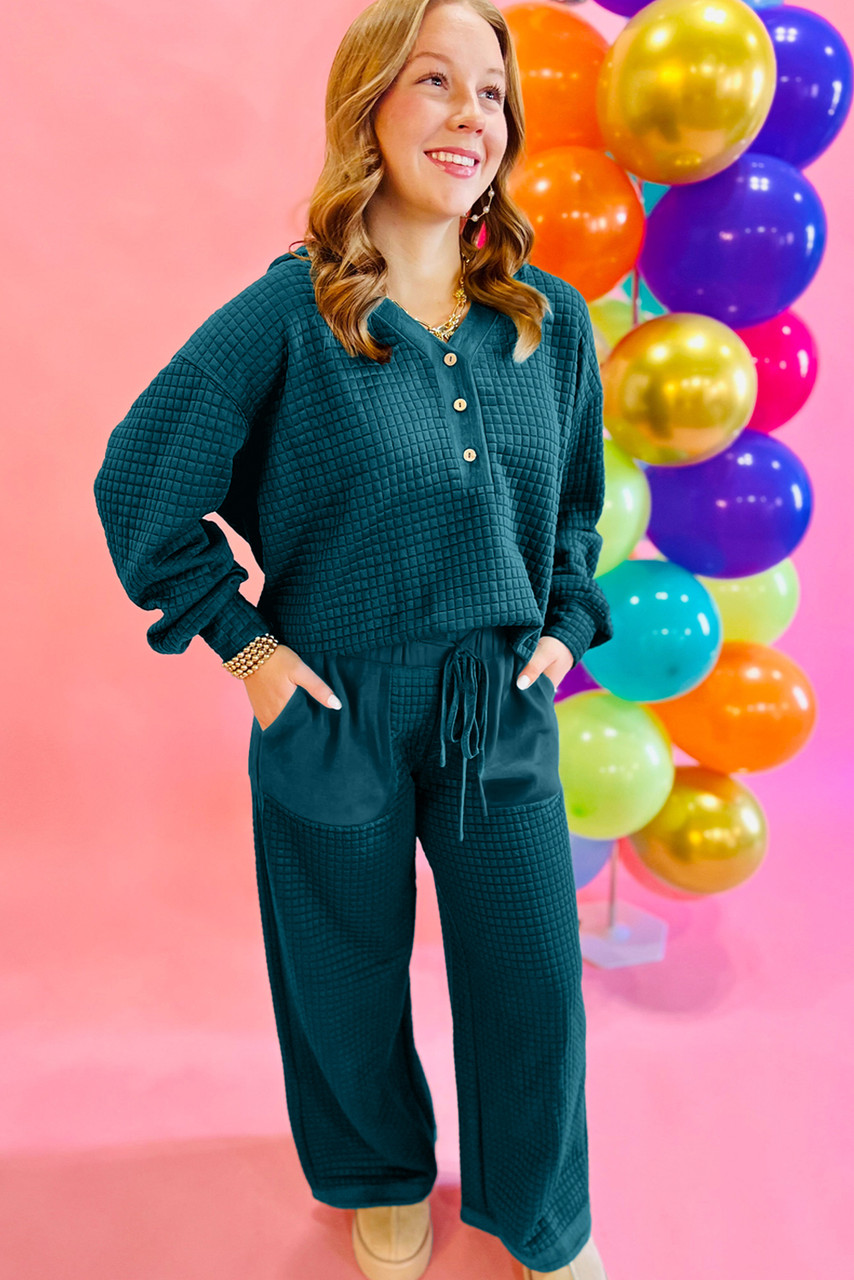 Skobeloff Waffled Textured Raw Edge Patchwork 2pcs Loose Pant Set Skobeloff Waffled Textured Raw Edge Patchwork 2pcs Loose Pant Set