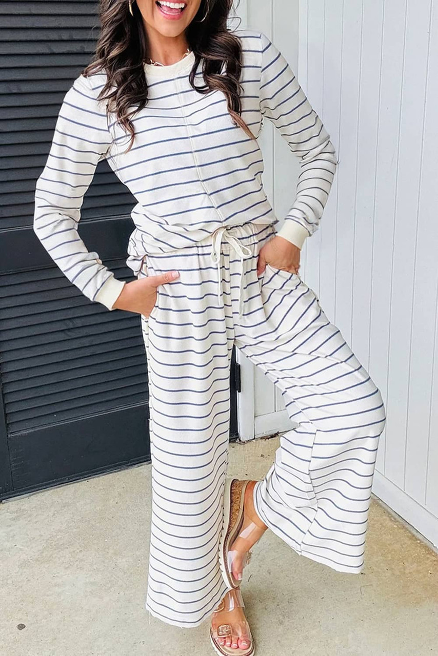 Sail Blue Striped Long Sleeve Top Drawstring Wide Leg Pants 2pcs Outfit Sail Blue Striped Long Sleeve Top Drawstring Wide Leg Pants 2pcs Outfit