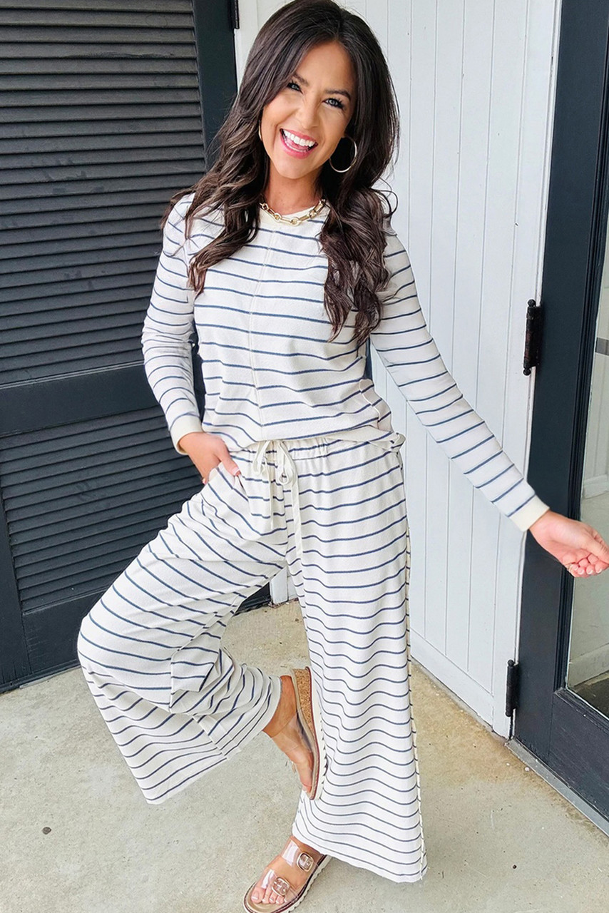 Sail Blue Striped Long Sleeve Top Drawstring Wide Leg Pants 2pcs Outfit Sail Blue Striped Long Sleeve Top Drawstring Wide Leg Pants 2pcs Outfit