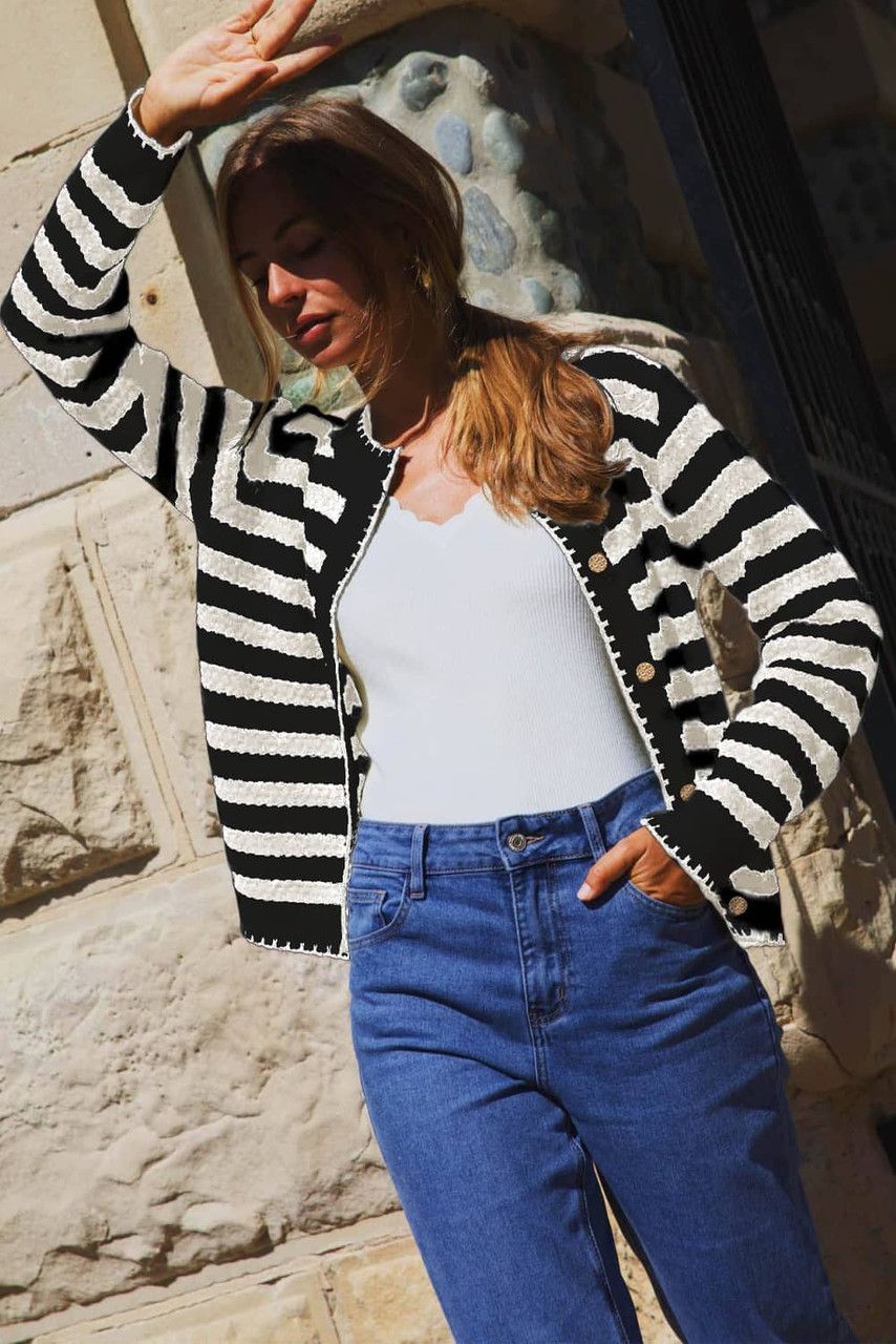 White Stripe Chic Golden Button Cardigan Sweater