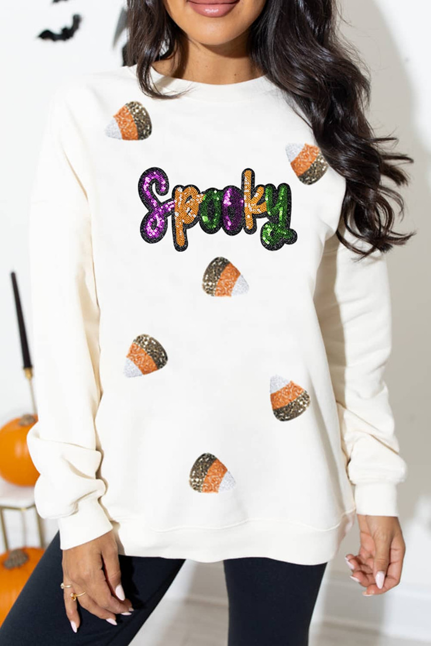 White Sequin Spooky Halloween Spirit Print Casual Sweatshirt