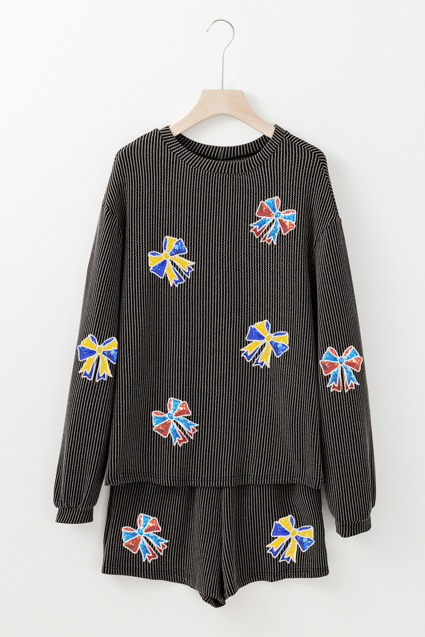Carbon Grey Colorful Sequin Bow Patched Long Sleeve Top and Shorts Twisted Rib 2pcs Outfit